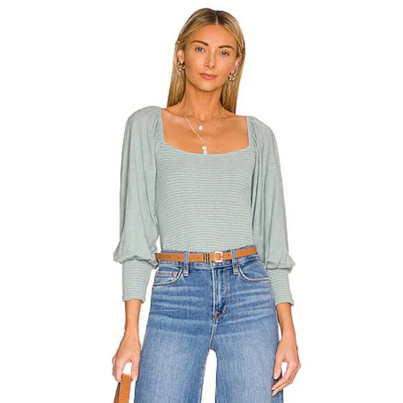 NATION LTD Iona Smocked Long Sleeve Blouse Top Dusty Blue, Sz L - Picture 1 of 9